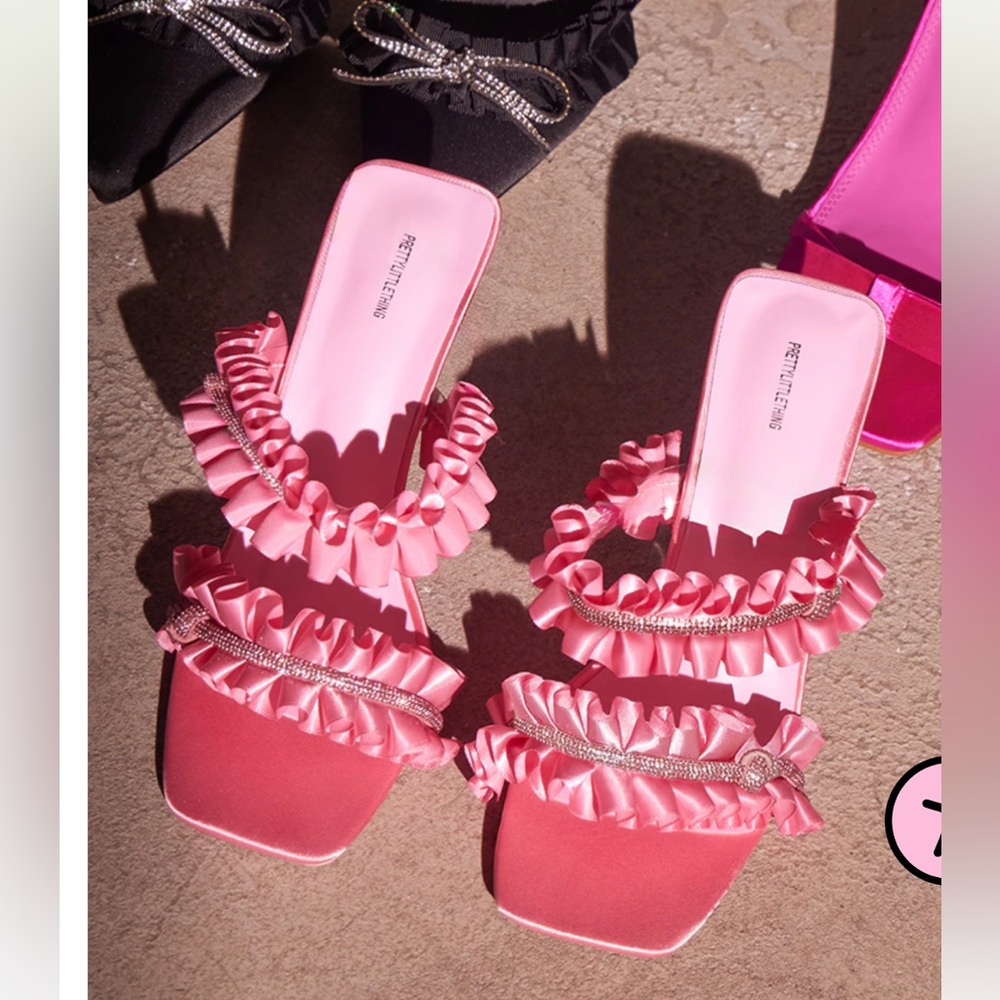 PRETTYLITTLETHING Pink PU Square Toe Diamante Frill Twin Strap Heeled Mules